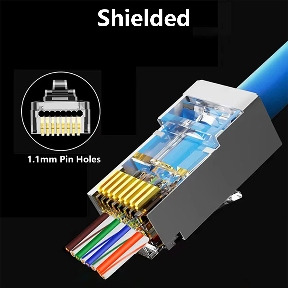 ZoeRax RJ45 Cat6A Cat6 Cat5e Pass Through Connector Gold Plated 3 Prong 8P8C Modular Plug for UTP/STP Stranded Ethernet Cable