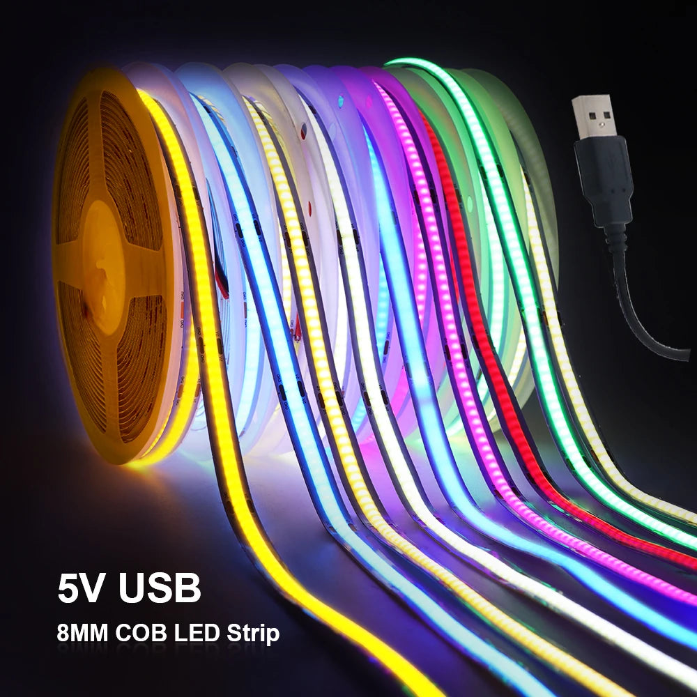 5V USB COB Led Strip Light 320 Leds/M White/Red/Green/Blue/Ice Blue/Pink PCB 3MM 5MM 8MM Flexible Ribbon Night Lamp TV Backlight