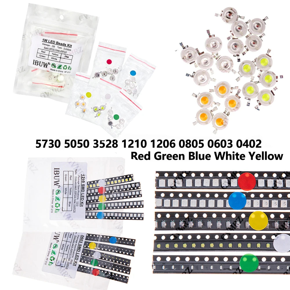 100pcs Green Blue White 5colors Each 20pcs 5730 5050 3528 1210 1206 0805 0603 0402 SMD LED Diode Kit Red  Yellow