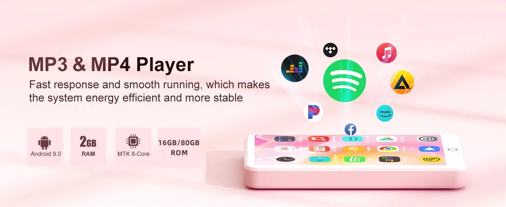 16GB/80GB  MP3 Player Android 9.0 with Bluetooth and WiFi, 4.0-inch with speakers, FM radio, eBooks, capacity up to 512GB