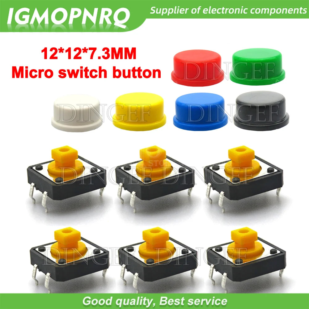 20PCS Tactile Push Button Switch Momentary 12*12*7.3MM Micro switch button with knob Yellow Green Red Kit 12x12x7.3