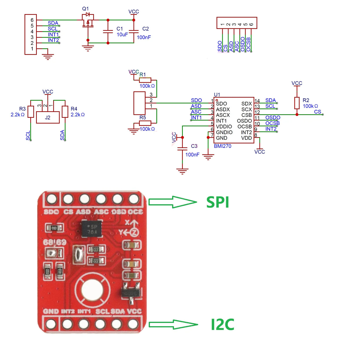 BMI270 6DoF IMU Sensor Breakout Board, 3-Axis Accelerometer 3-Axis Gyroscope Inertial Measurement Unit Module, I2C SPI Interface