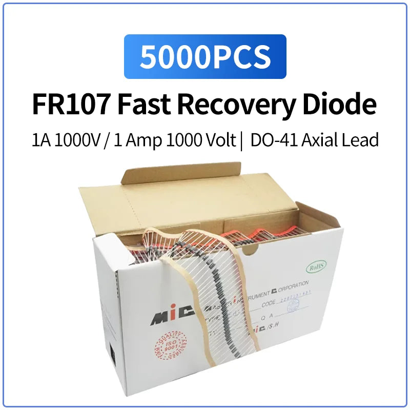 5000PCS FR107 Diode Fast Recovery 1A 1000V DO-41 Axial Lead 1 Amp 1000 Volt Electronic Silicon Diodes Replacement FR-107