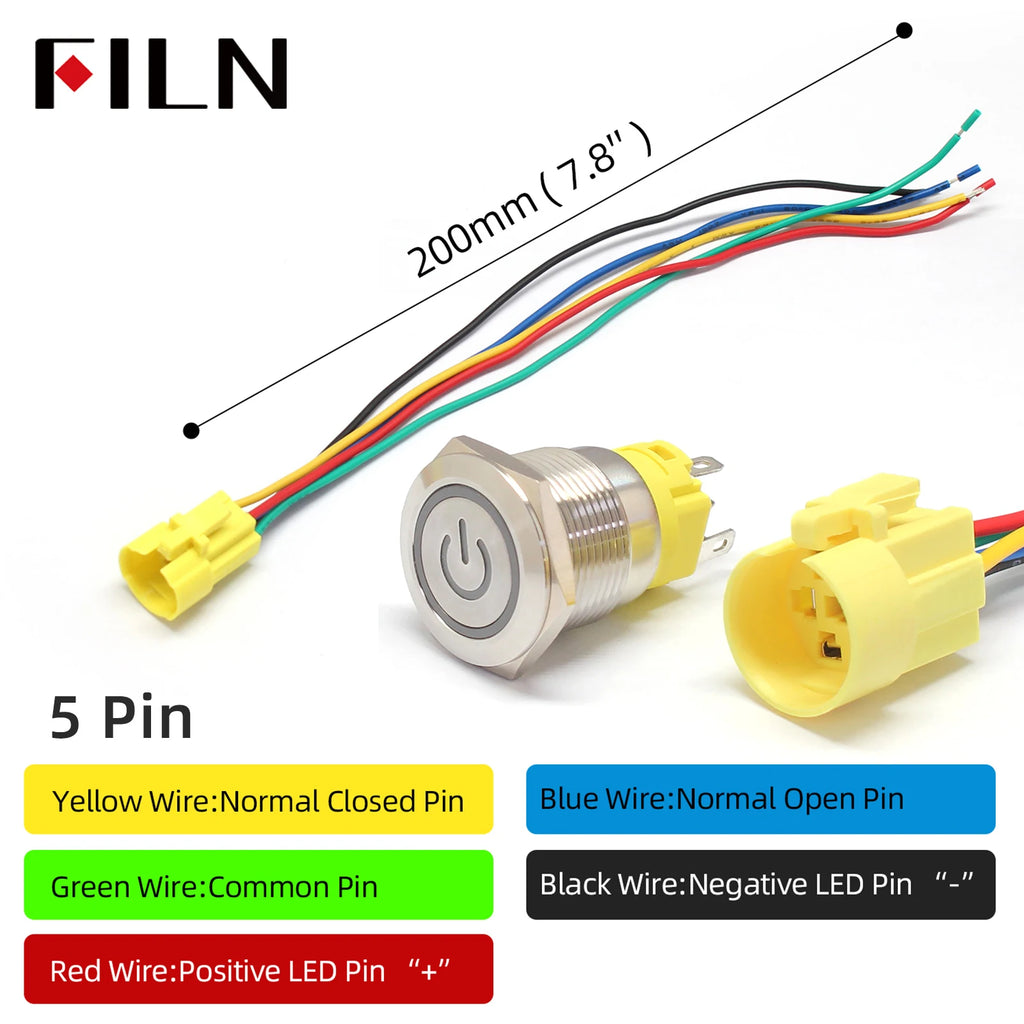 FILN 16mm 19mm 22mm Stainless Steel Waterproof LED Indicator Metal Push Button  Switch Power Symbol   Start Stop Power on Off
