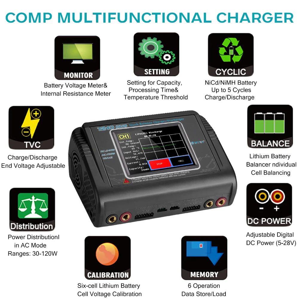HTRC T240 LIPO balanced charger DUO AC 150W DC 240W 10A Touch Screen Dual Channel Battery Balance Charger Discharger