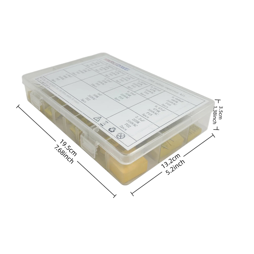 77PCS Safety Capacitor Kit 0.001uf-2.2uf 275VAC/310VAC P10-P22