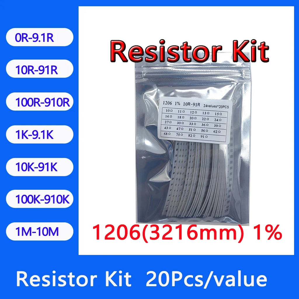 Resistor kit 1206 3216mm smd Resistor package 24values*20PCS=480PCS 1% Sample Kit Resisor