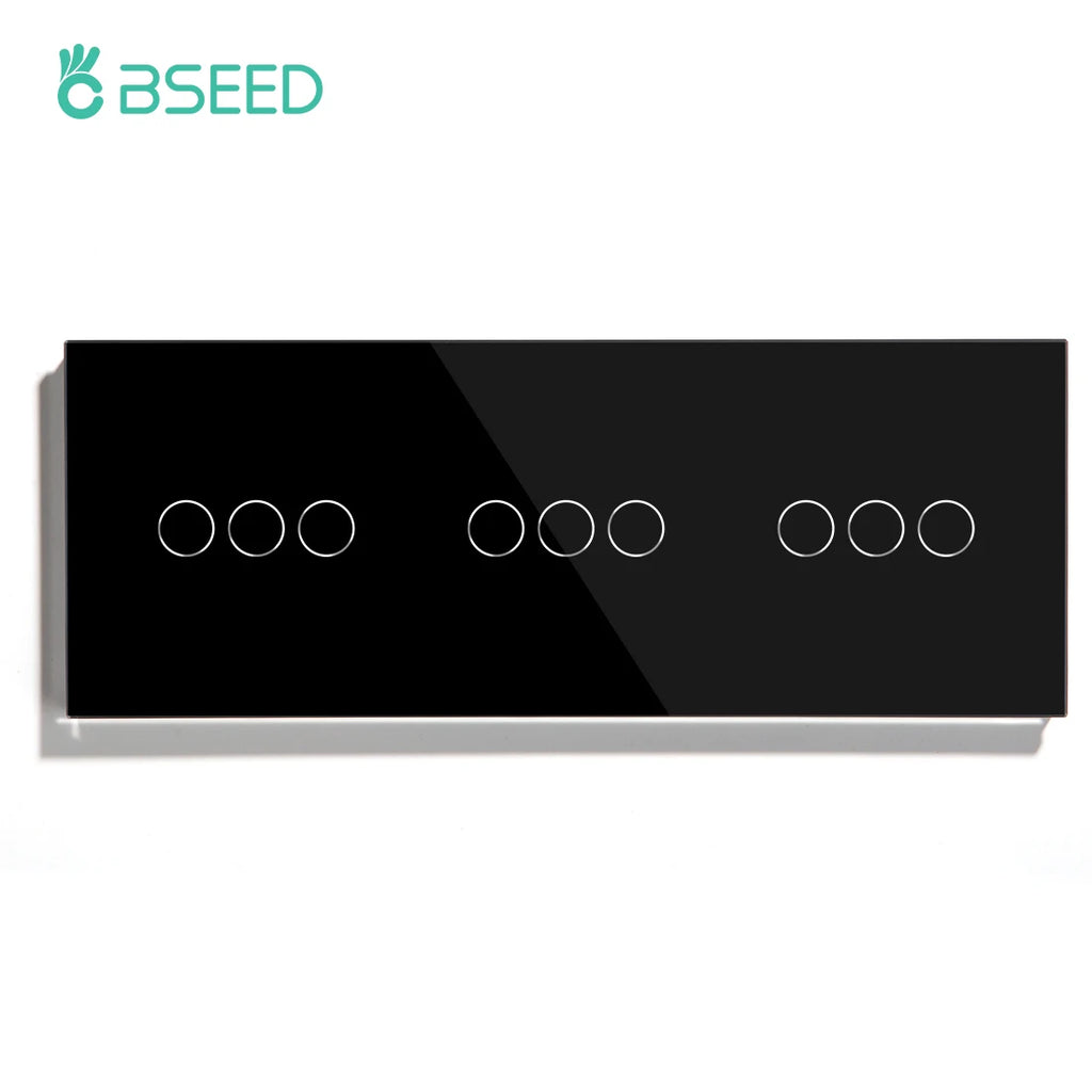 BSEED Touch Switches 1/2/3Gang 1Way Wall Light Switches Blue LED Backlight Glass Sensor Screen Home Switches Black EU Standard