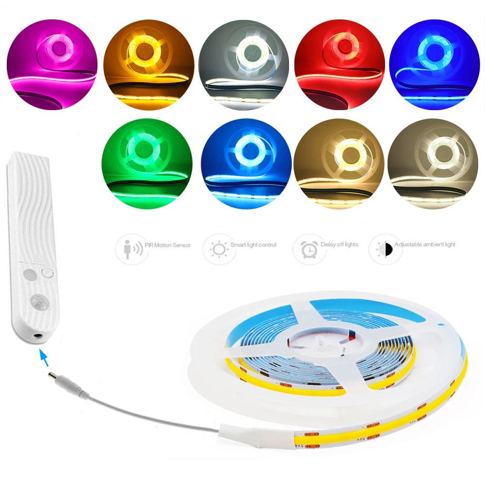 5V Motion Sensor Nigth Light COB Led Strip USB Battery Power 3mm 5mm 8mm PCB 320 LEDs Flex Lamp for Under Cabinet Kitchen Stairs