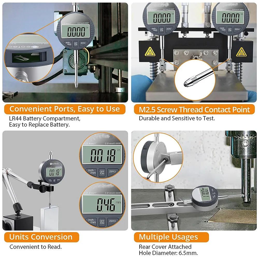 0-12.7mm/0.5' 0-25.4mm/1' Range Gauge Digital Dial Indicator Precision Tool 0.01mm/0.005' 0.001mm/0.0005' Tester Tools