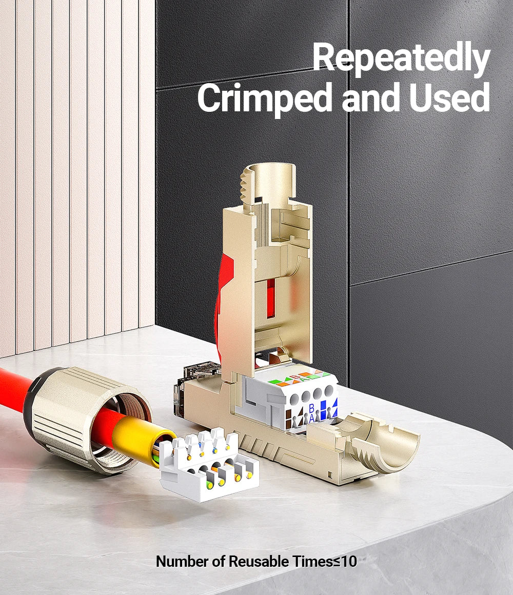 AMPCOM RJ45 Connector, CAT8 STP Tool Free Shielded Modular Plugs CAT7 CAT6A Zinc Alloy Field Termination Plug 40Gbps 2000Mhz
