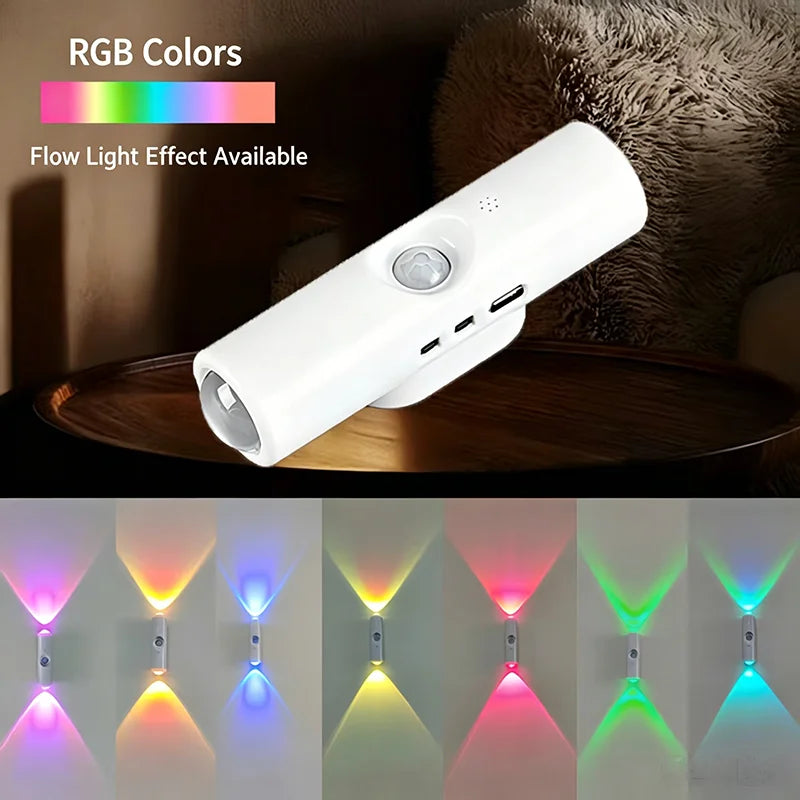 Smart RGB Double-head Wall Light Motion Sensor Magnetic Night Light Rechargeable Spotlight for Bedroom Closet Garden Room Decor
