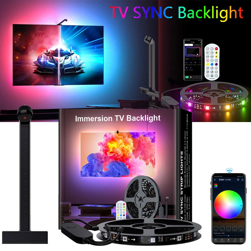 TV SYNC Backlight LED Strip Light USB Flexible Ribbon Diode Tape with RGBIC Color Capture Sensor Bluetooth APP Remote Control