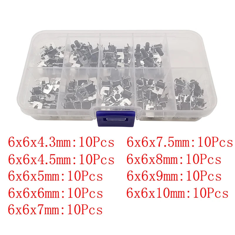 20Pcs 6x6 PCB Momentary Tactile Tact Push Button 4-Pin Self-reset Switch Right Angle With stent 6*6*4.3/4.5/5/6/7/7.5/8/9/10mm