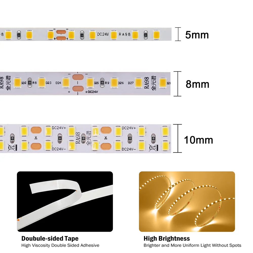 5mm 8mm Led Strip Light RA98 10mm PCB 2700K 3000K 3500K 4000K 5000K 6000K 5m 10m 24V 2835 120 240 LEDs Flexible Tape Lighting