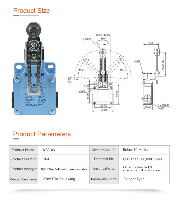 ABILKEEN Stainless Steel IP66 Waterproof KSA Series Industrial Machine Limit Switch Multiple Styles Limit Switch Available