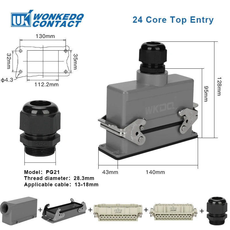 HDC HE Heavy Duty Connector 6/10/16/24/32/48 Core Pin Top/Side Outlet Aviation Plug Rectangular Waterproof Electrical Wiring