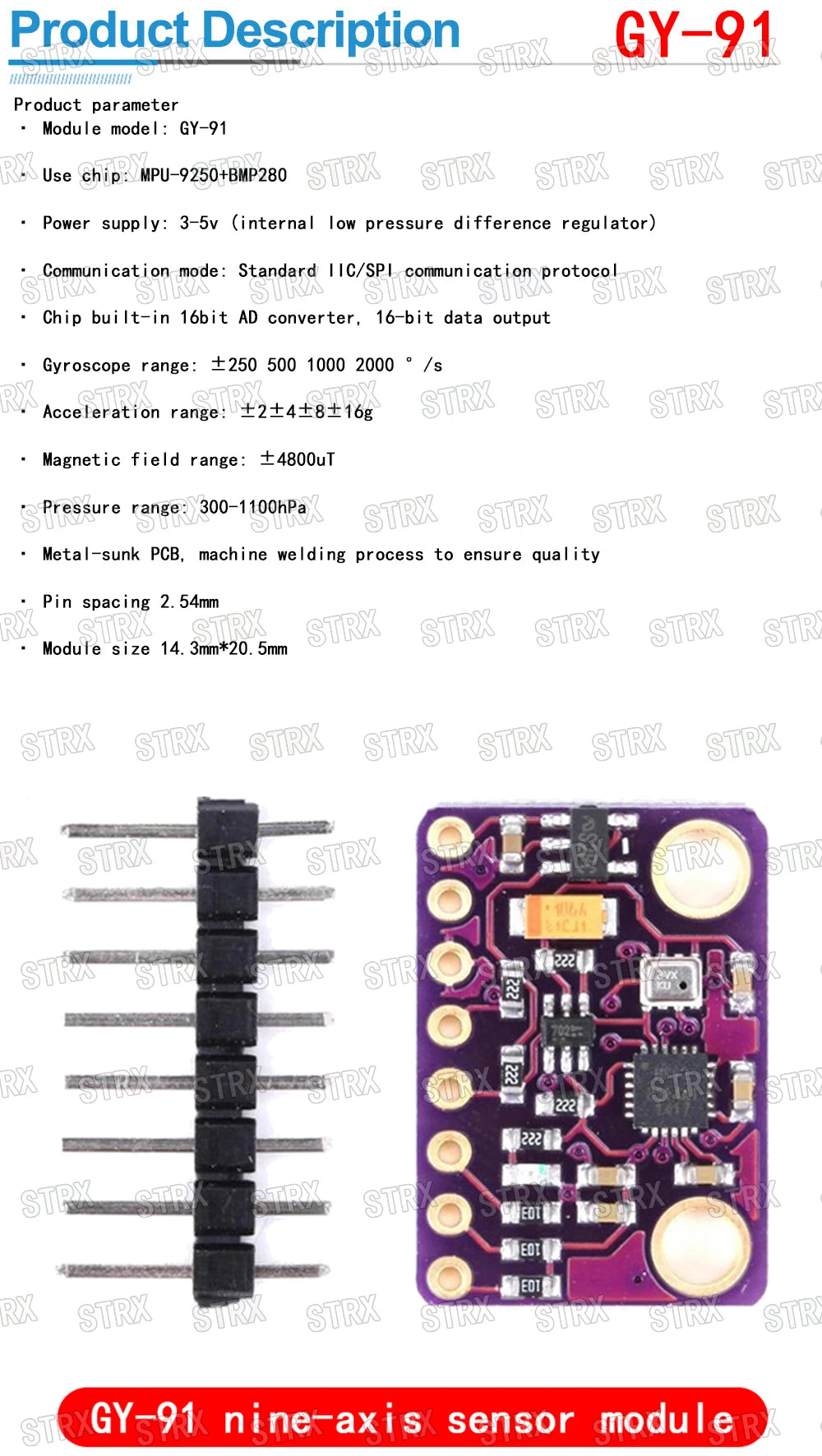 GY-9250 BMP280 GY-91 MPU-9250 9-Axis 10DOF Attitude Gyro+Accelerator+Magnetometer Sensor Module MPU9250 SPI/IIC