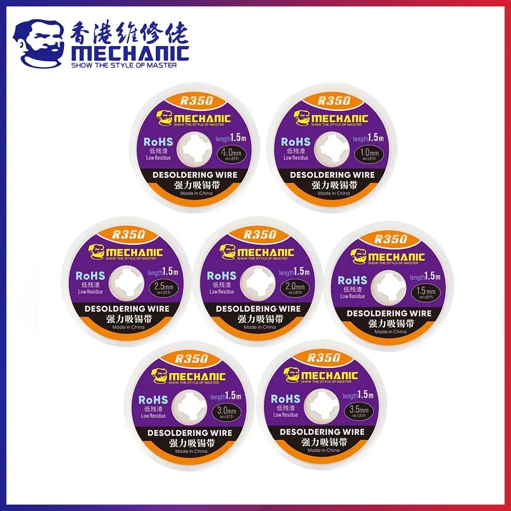 MECHANIC R350 Series Width 1.0-4.0mm Length 1.5m Solder Remove Cord Pure Copper Braid Tin Absorption Belt Single Layer Wick Wire