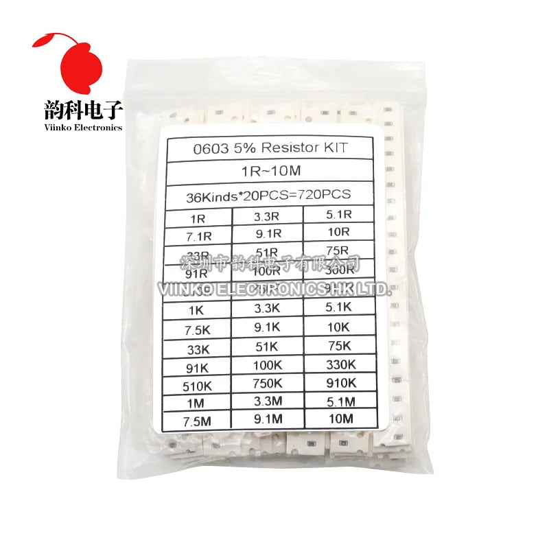 720Pcs 5% 0603 0805 1206 SMD Chip Resistor Assorted Kit 1ohm - 10M 36valuesX20pcs= 720pcs Resistance Sample set