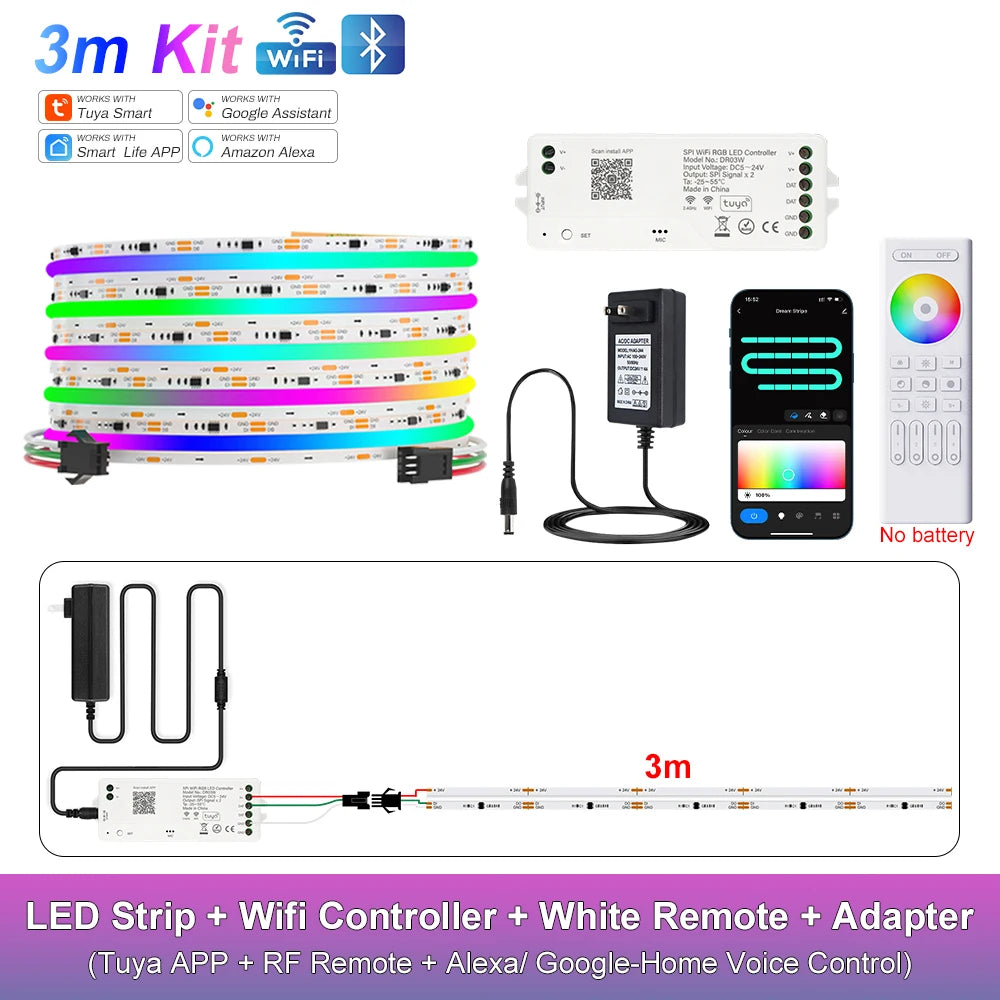 RGB-IC COB LED Strip with Tuya Wifi Controller 2.4G Remote Alexa Google Home Rainbow Color Addressable LED Tape 10m 20m 25m Kit