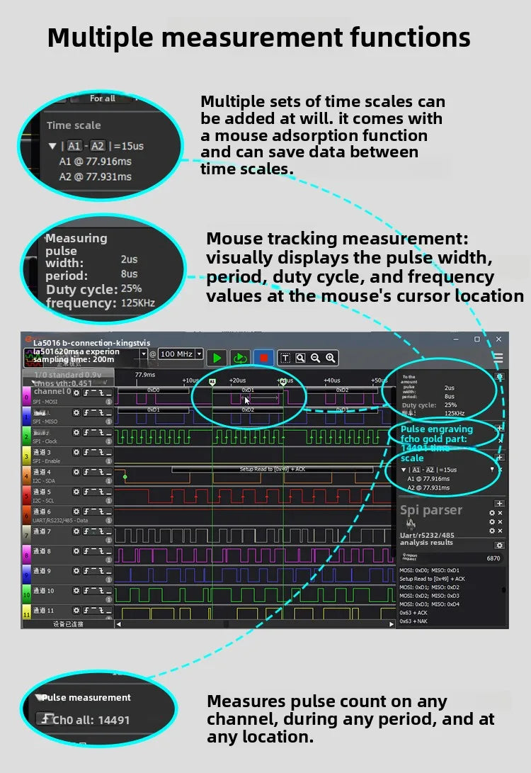 Kingst LA1010 Logic Analyzer 16 Channels 100MHz USB Protocol Decoder I2C SPI UART for Debugging