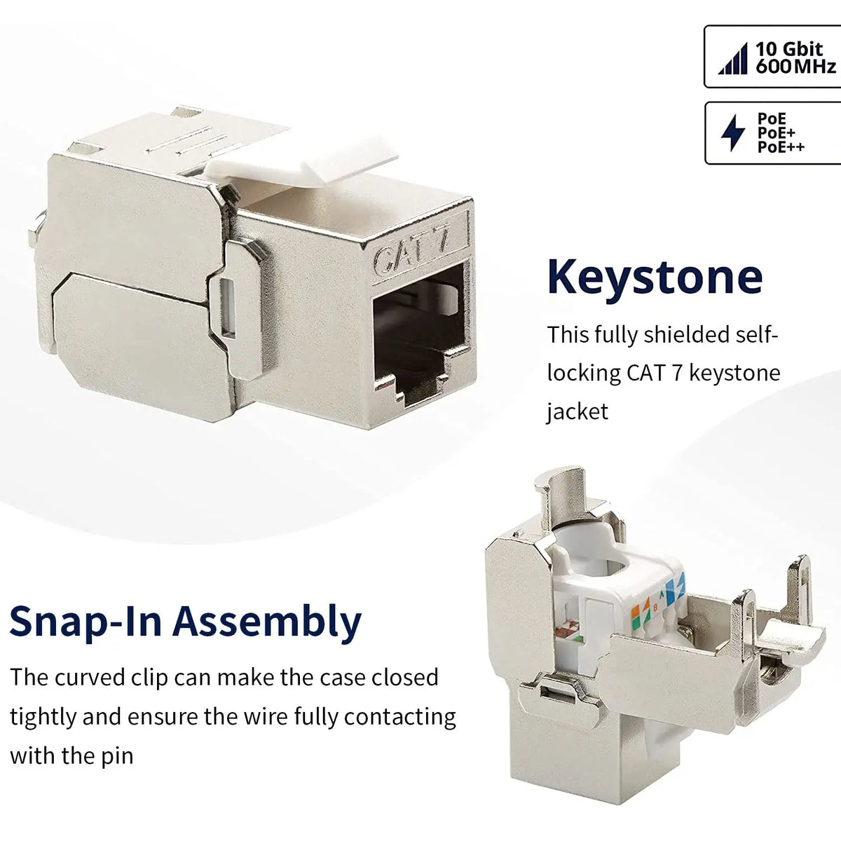 ZOERAX Cat6a Cat7 Keystone Jack Cat7 RJ45 STP Tool-Less Type Zinc Alloy Module Jacks Adapter Coupler for 22 to 26 AWG