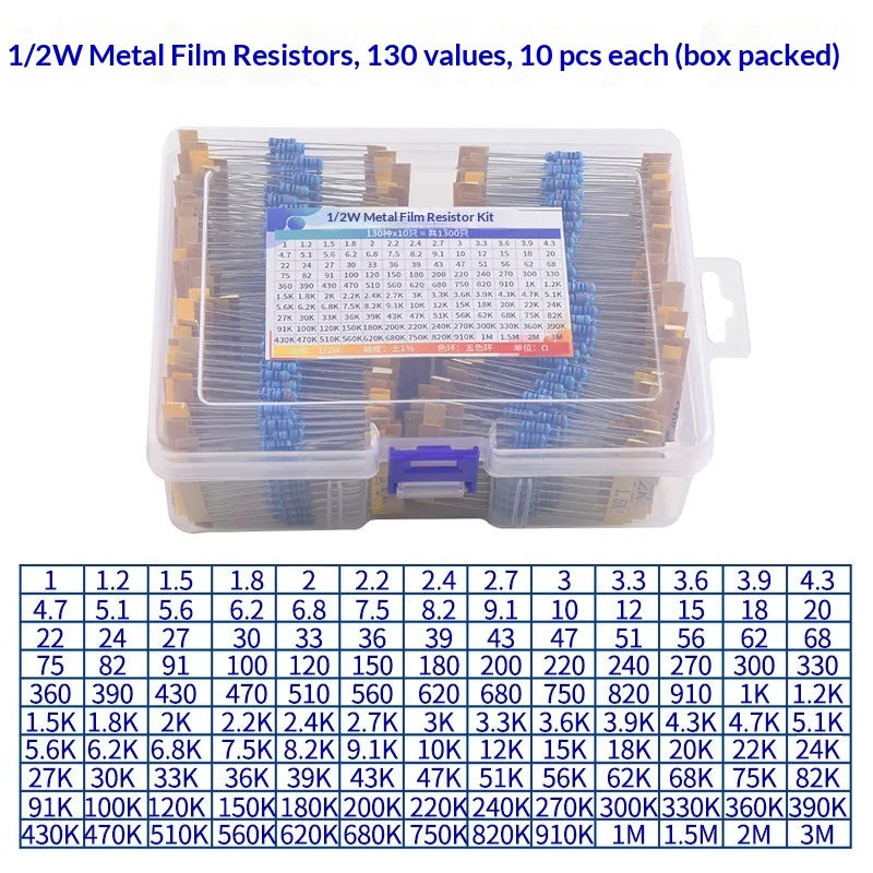 1% 5%  Metal Film Resistor Assortment Kit 1/4W 1/2W 1W 2W 3W 5W Through Hole 30/41/130 Values Electronic Components 300 600 2600