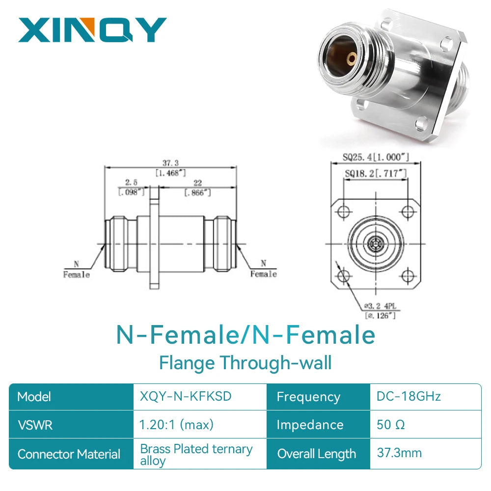 XINQY N-Type Coaxial Adapter, Female to Female, 18 GHz, Panel Mount, 4-Hole Flange Connector