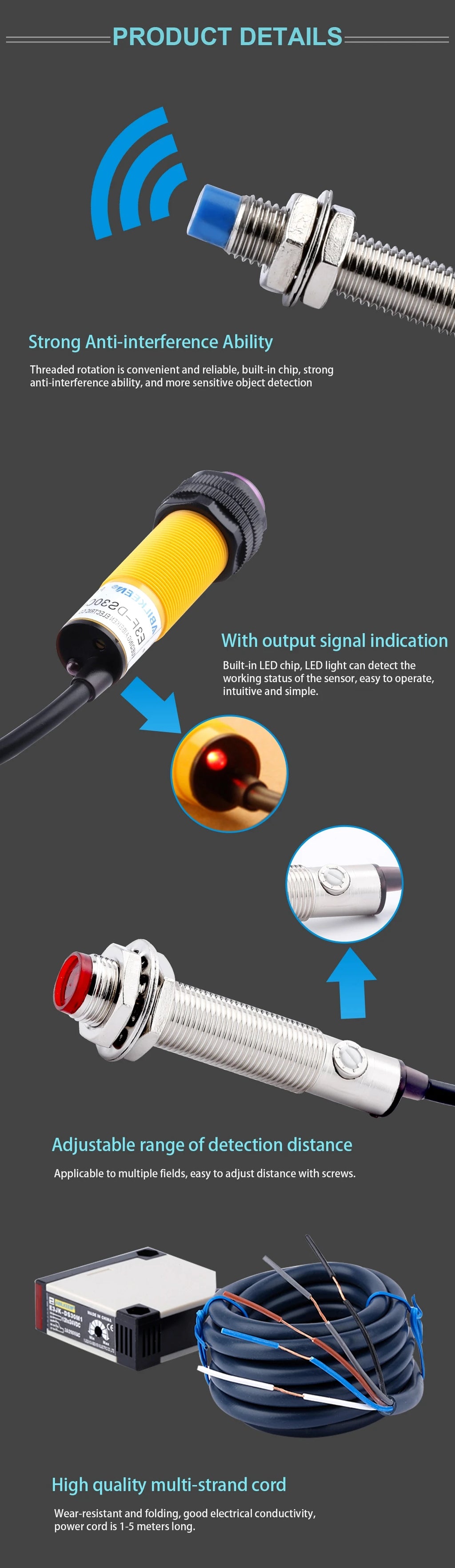 LJC12A3 12MM Capacitive Type Waterproof Proximity Sensor Switch DC6-36V with 5mm Detection Distance NPN/PNP Output Sensor