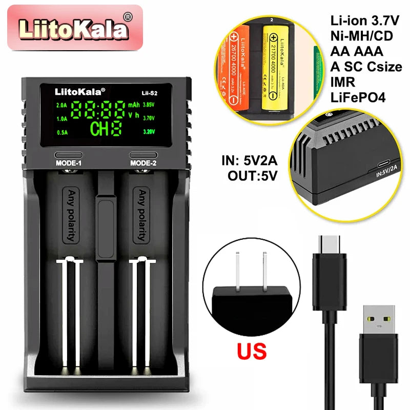 LiitoKala Lii-S2 Multi-Compatible Charger - Supports AA, AAA, 18650, 26650 Lithium Ion Batteries