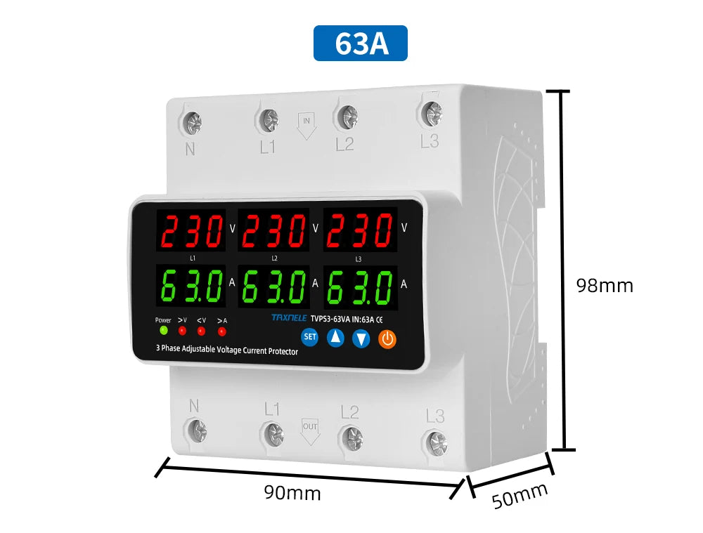 3 Phase Din Rail Voltmeter Ammeter Adjustable Over Under Voltage Current Limit Protection Monitor Relays Protector 63A 100A