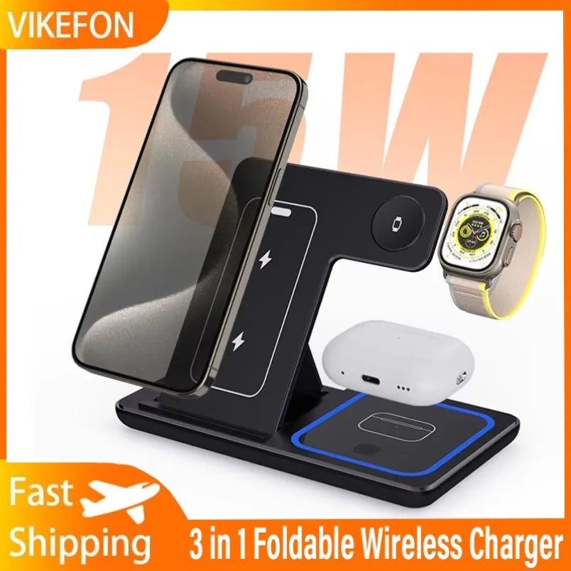 3 in 1 Wireless Charger Stand Foldable 30W LED Fast Charging Station For iPhone 16 15 14 13 12 Apple Watch 9 8 7 6 5 Airpods Pro
