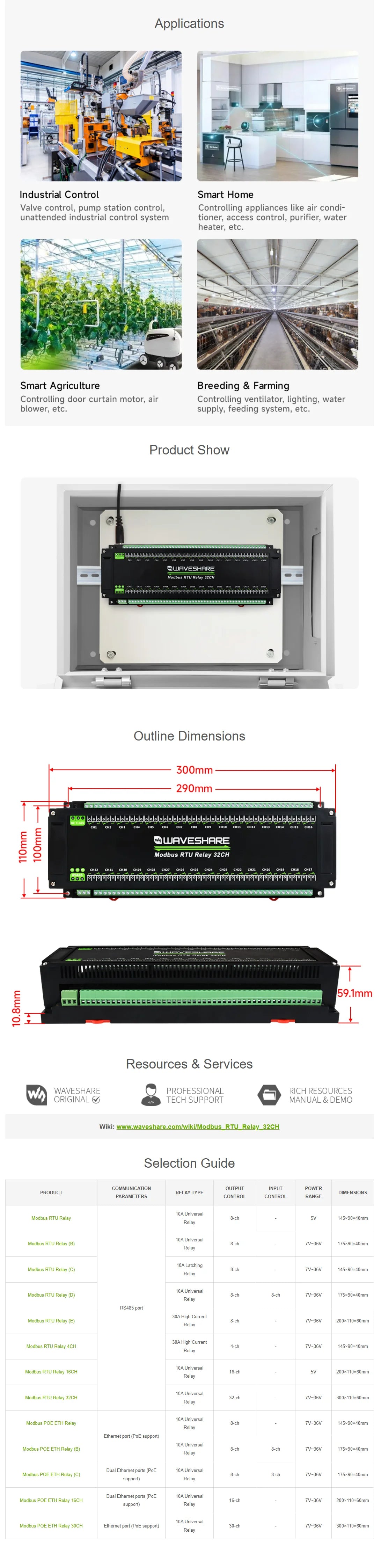 Waveshare Modbus RTU 32-Ch Relay Module, RS485 Interface, With Multiple Isolation Protection Circuits