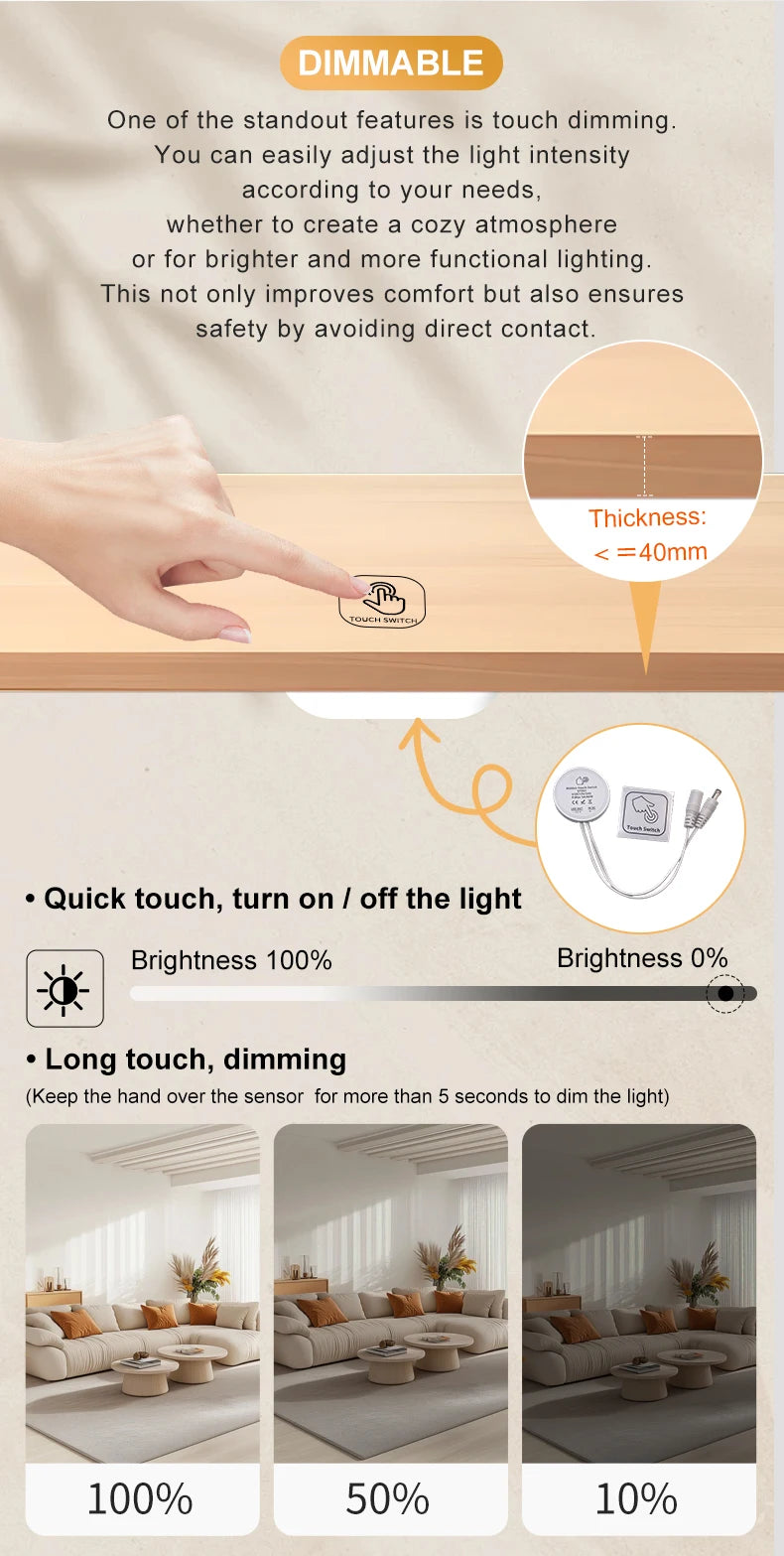 12V/24V 60W Touch Switch, Suitable for Concealed Installation in Furniture with a Thickness of 0-40mm, LED Touch Dimming Sensor.
