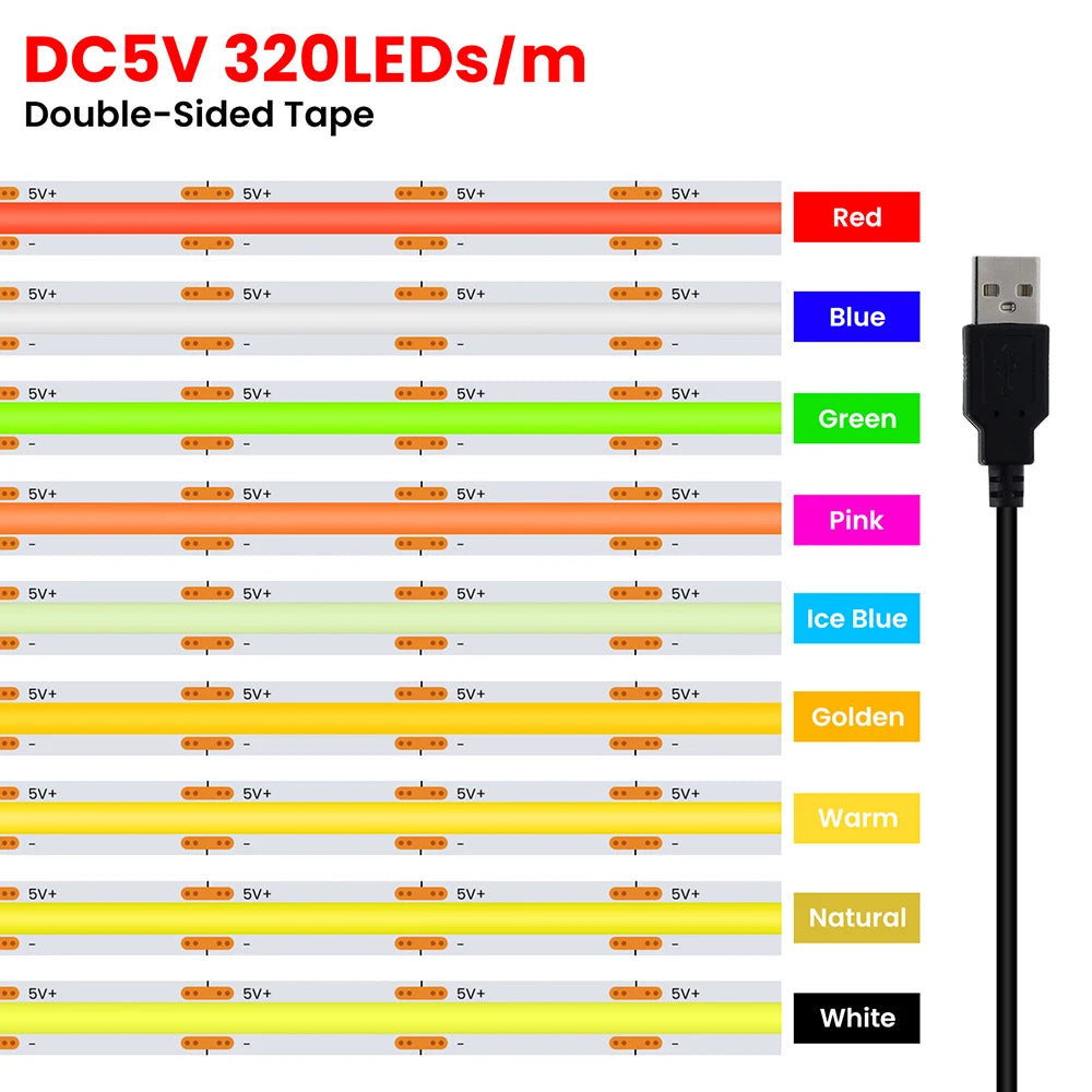 5V USB 3MM 5MM PCB COB LED Strip Light White/Red/Green/Pink/Ice Blue/Yellow TV Backlights DC5V 320Led Flex Night Lamp Home Decor