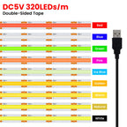 5V USB 3MM 5MM PCB COB LED Strip Light White/Red/Green/Pink/Ice Blue/Yellow TV Backlights DC5V 320Led Flex Night Lamp Home Decor