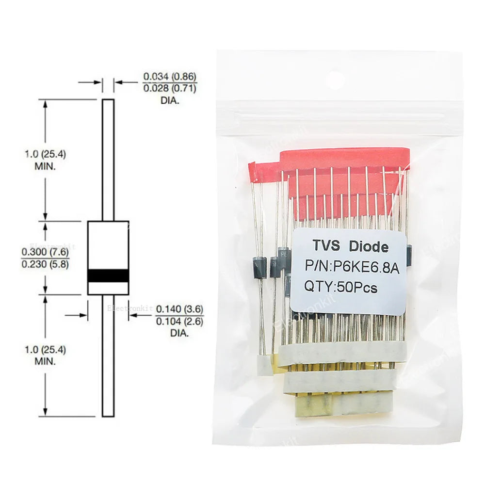 50pcs/lot P6KE6.8A-P6KE220A P6KE Series TVS Diode Unidirectional Transient Voltage Suppressors for Power Supplies DO-201