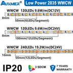 Auxmer 2835 WWCW LED Strip Lights,120LEDs/m 240LEDs/m,CRI＞95 Super Bright Flex LED DC12/24V,5m/reel,CCT 2400~6500K,IP20,3SDCM