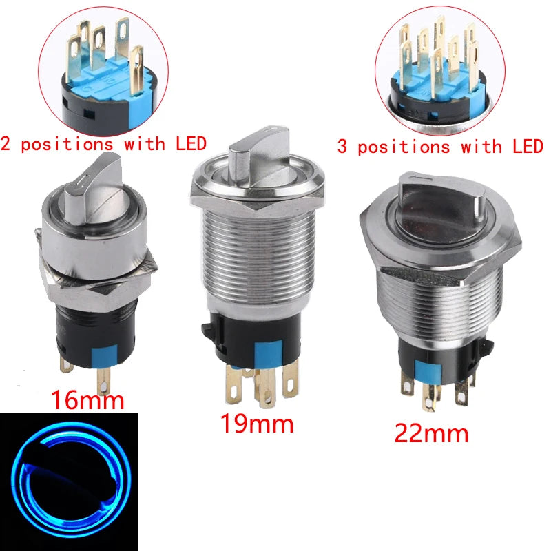 16/19/22mm, Metal Rotary Switch, Selected Toggle Switch With LED 12-24V, 2 Positions / 3 Position Waterproof