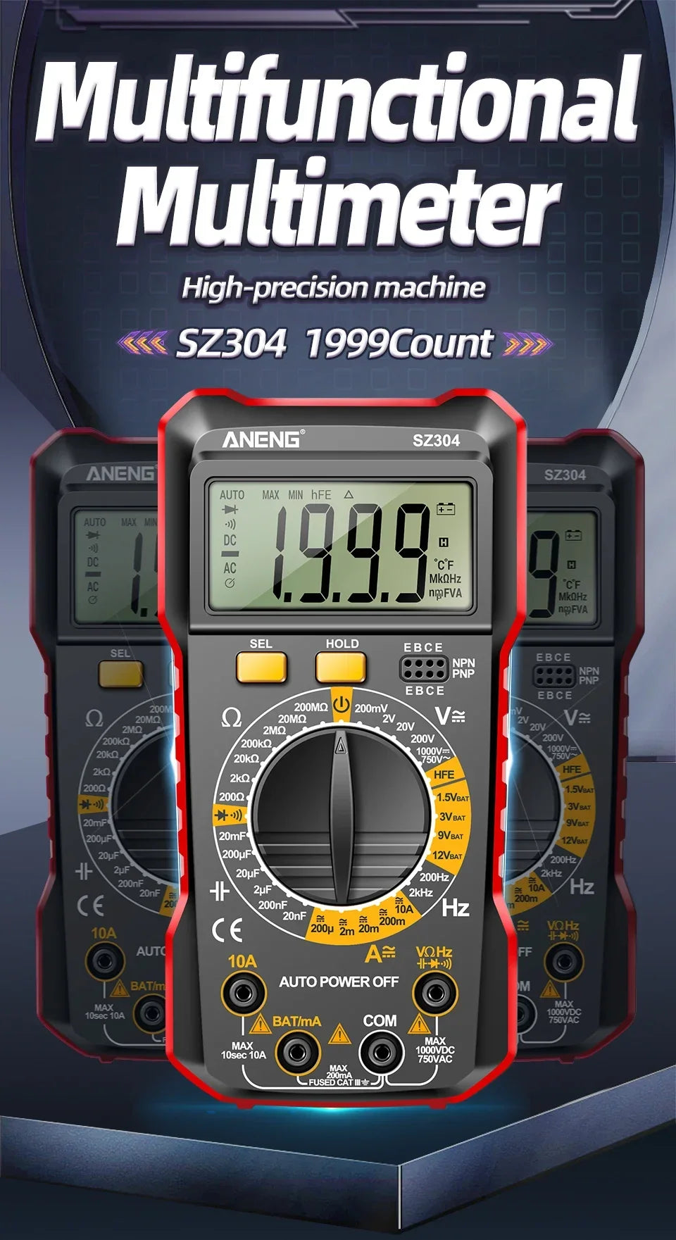 Digital Multimeter Voltage Tester Voltmeter SZ06 SZ308 TRMS 2000 Counts Auto-Ranging Ohm Volt Amp Meter Measuring AC/DC Voltage