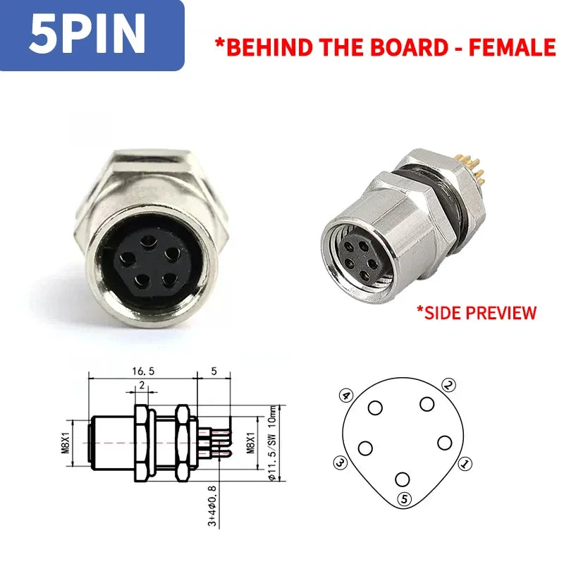 M8 A-Coded Sensor Connector – Panel Back Mount Waterproof Flange Socket & Plug, 3/4/5 Pin Male & Female Threaded Coupling
