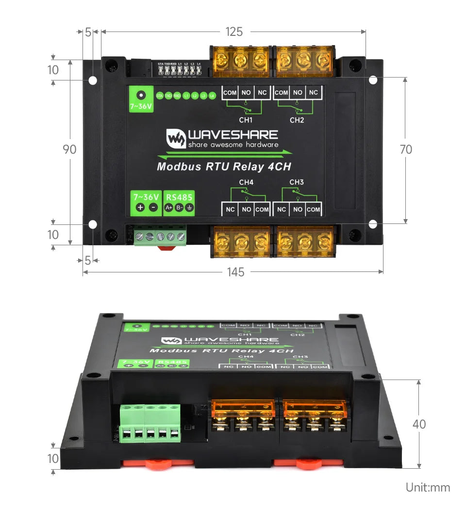 Waveshare Industrial Modbus RTU 4-ch Relay Module with RS485 Interface, 30A High Current, Onboard LED Indicators