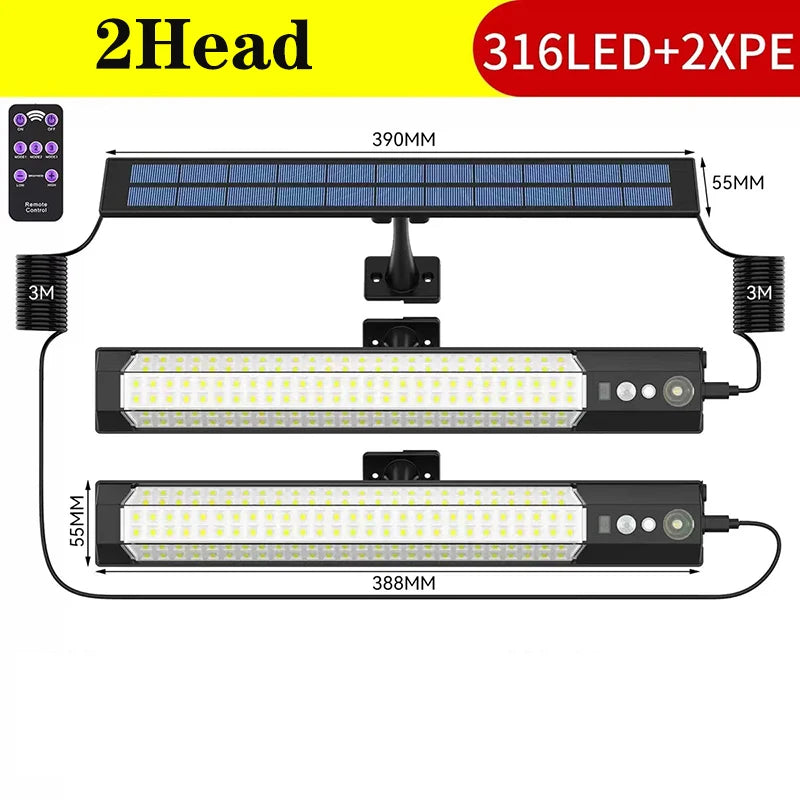 316/158 LED Solar Light Bar Outdoor 7 Mode Motion Sensor Separate 1/2Head Lamp with 3 Meter Wire Street Wall Lights Garage Yard