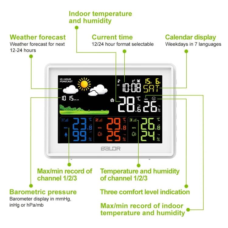 BALDR Wireless Color Weather Station Digital LCD Hygrometer Thermometer Barometer DCF Alarm Clock Calendar 3 Forecast Sensor