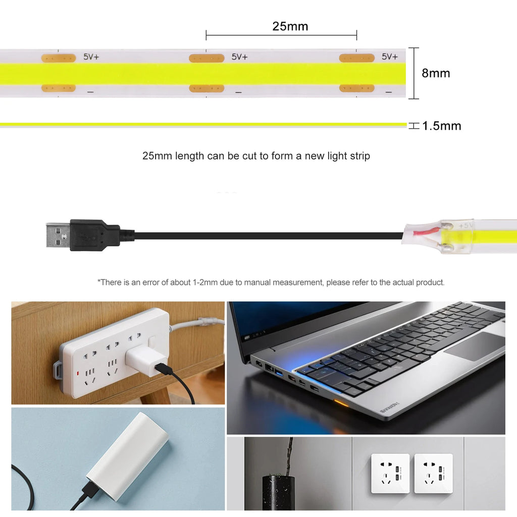 1M-5M USB COB LED Strip Light 5V 320leds/M COB Light Tape TV Mirror Backlight Kitchen Room Night Lighting Red/Blue/Green/White