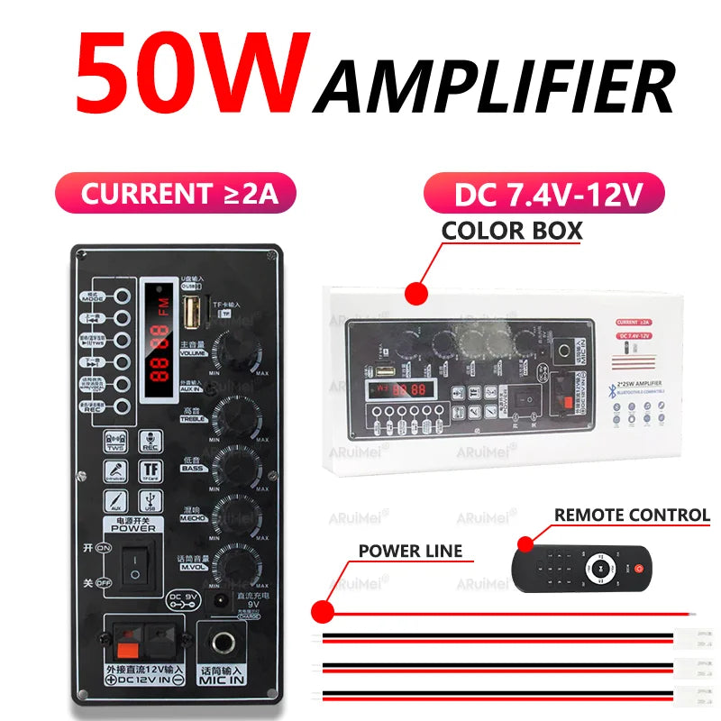 50W Metal Shell Bluetooth Amplifier Board with Display | 7.4V-12V Input | Power Adapter Cable Included