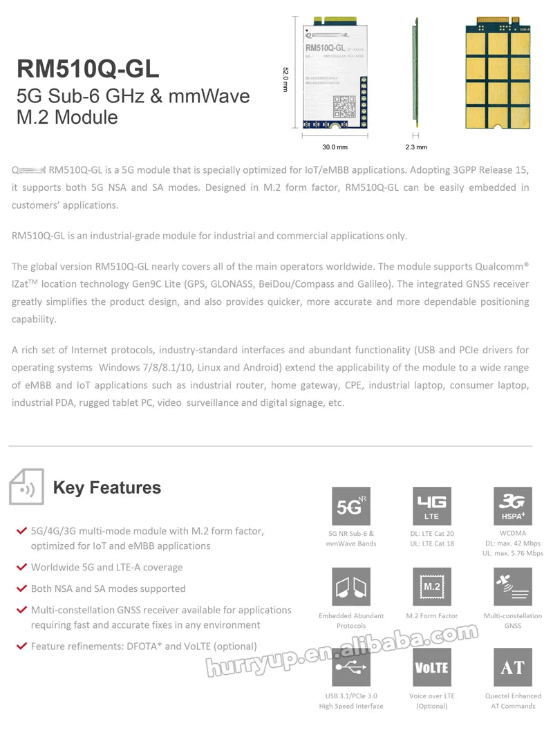 Quectel RM510Q-GL Global Region/Operator 4G Sub-6GHz and MmWave Module Support Cellular 5G 4G 3G