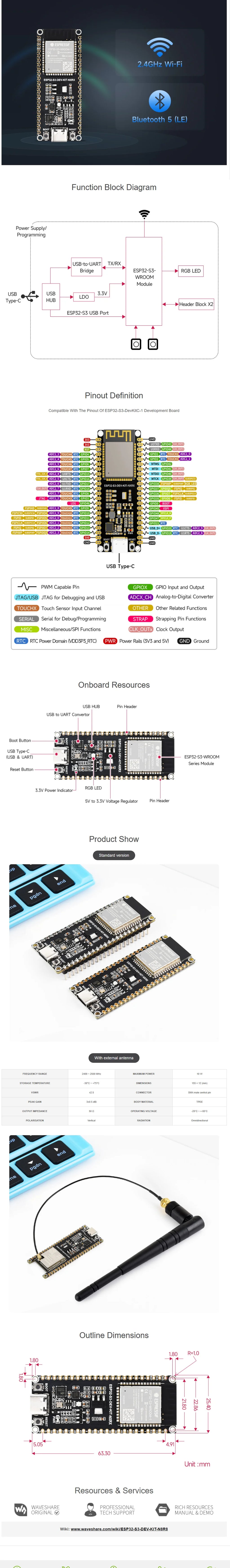 Waveshare ESP32-S3 Microcontroller, 2.4GHz Wi-Fi Development Board, 240MHz Dual Core Processor, ESP32-S3-WROOM-1-N8R8 Module