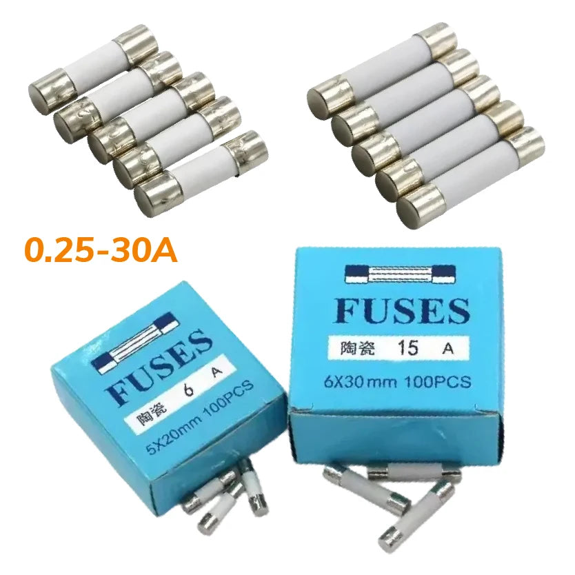 Ceramic Fast Fuse 250V 0.25A 0.5A 1A 2A 3A 3.15A 4A 5A 6A 7A 8A 10A 12A 15A 20A 25A 30A 5x20 6x30MM